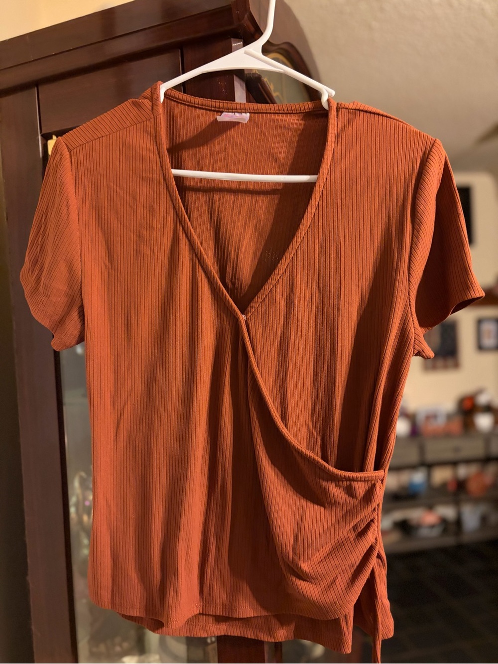 No Boundaries Rust Wrap-Style Short Sleeve Top